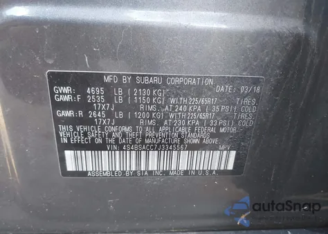 2018 Subaru Outback 2.5I Premium z USA, uszkodzony, nr VIN 4S4BSACC7J3345567